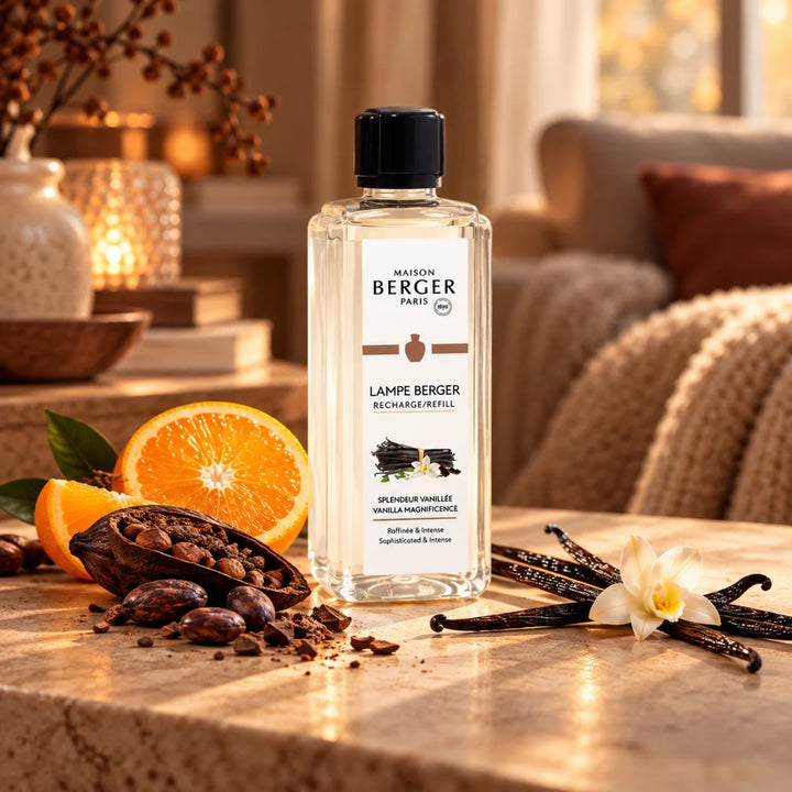 Lampe Berger Duft Bourbon Vanille in warmer Wohnszene mit Orange, Kakao und Vanilleblüte